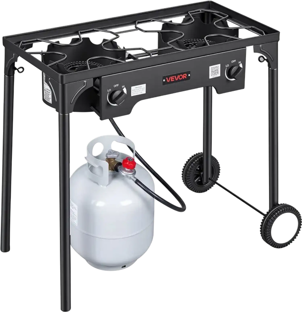 VEVOR 2 Burner Outdoor Propane Gas Stove, 150,000 BTU Propane LPG Gas Camping Stove, Heavy-duty Carbon Steel Outdoor Cooker, with 2 Wheels & 20 PSI Regulator & Hose, for BBQ Camp Home Patio Backyard