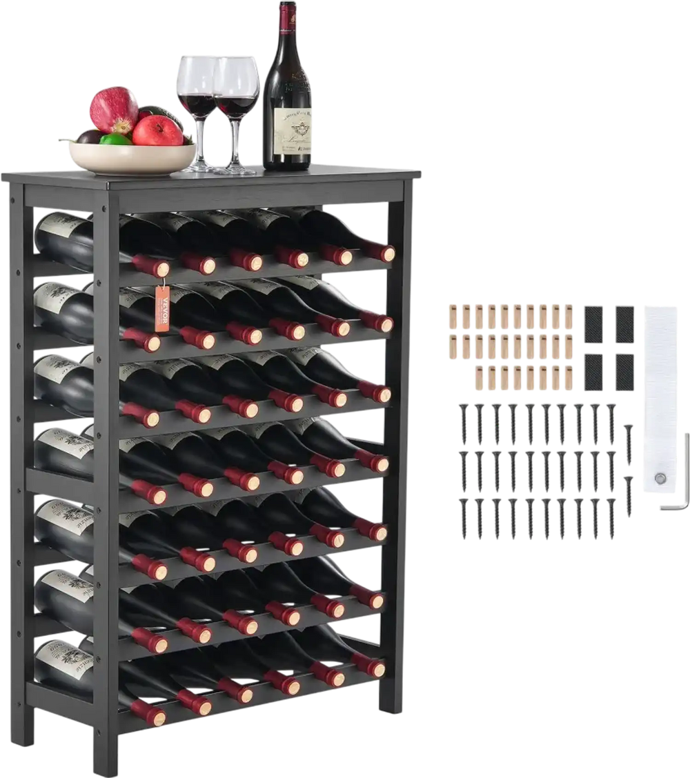 VEVOR 42 Bottle Modular Wine Rack, 7-Tier Solid Bamboo Wood Storage Racks with Table Top, Floor Freestanding Wines Holder Display Shelf, Wobble-Free Shelves for Kitchen, Bar, and Cellar (Black)
