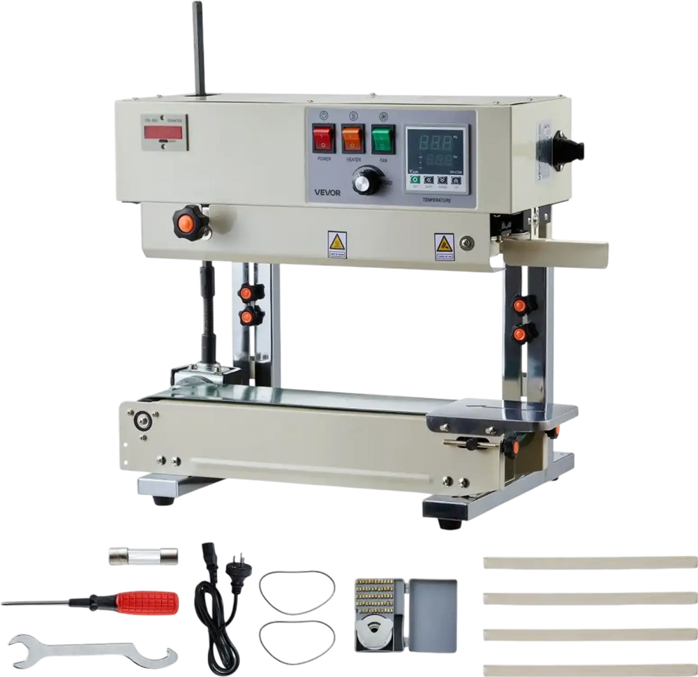 VEVOR Continuous Bag Band Sealing Machine, 0.24-0.47 in Seal Width, Vertical Band Sealer Machine with Roller Printing , Temp & Speed Adjustable, Heat Sealing Machine for 0.001-0.03 in Plastic Bags