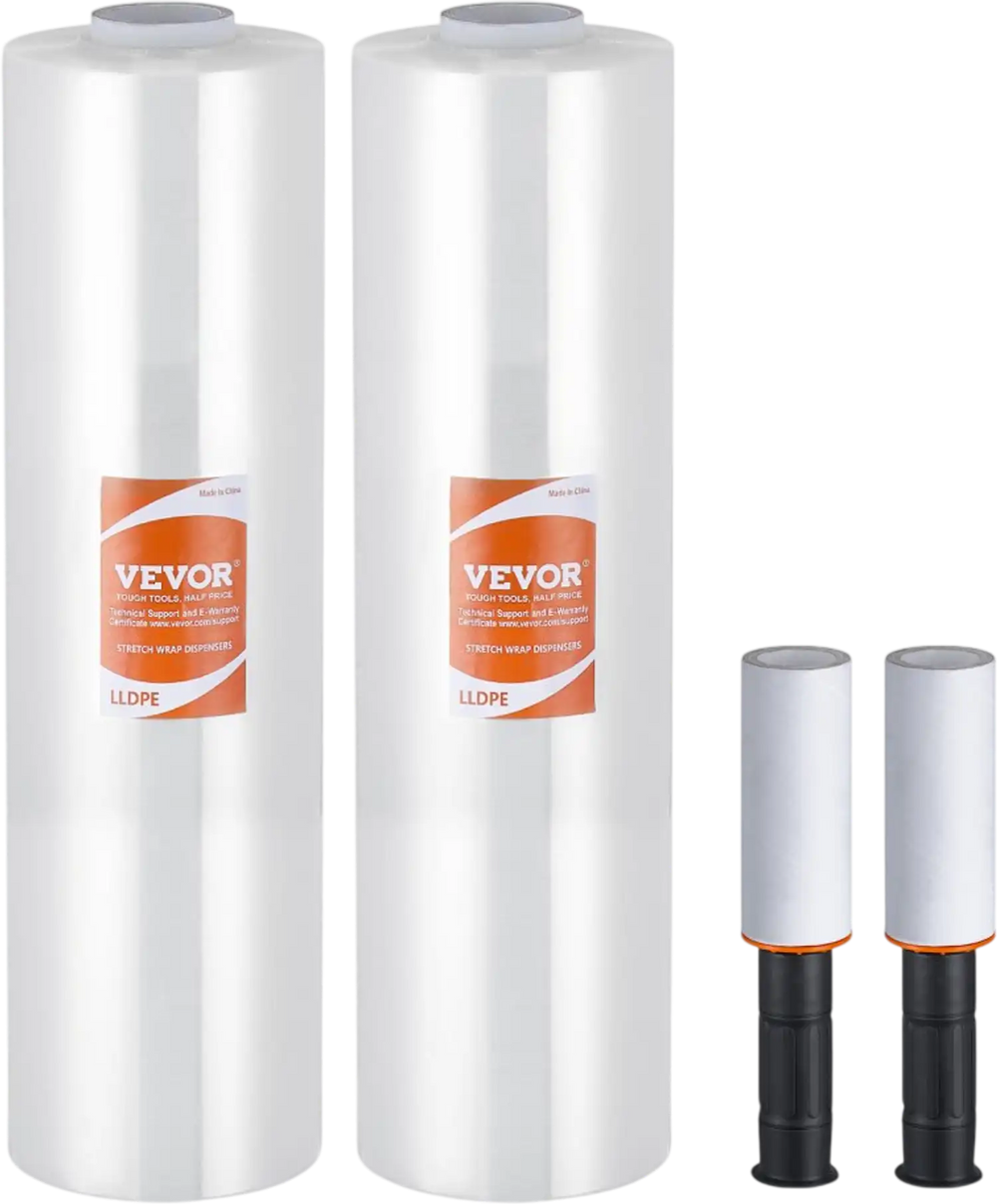 VEVOR Stretch Film, 15 inches x 1200 feet, 2 Pack, 80 Gauge Industrial Strength Clear Durable Stretch Wrap Roll, Heavy Duty Shrink Film Stretch Wrap with Handles for Pallet Wrapping Shipping Moving