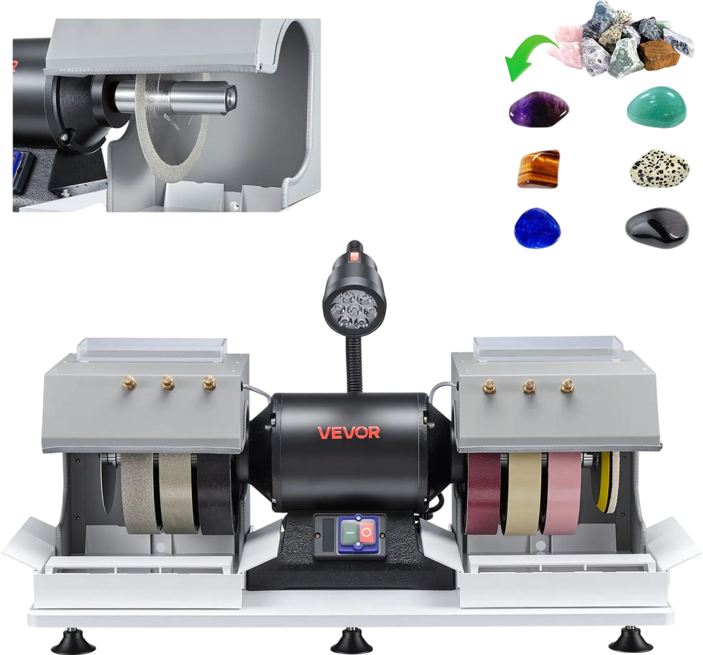 VEVOR Cabbing Machine, 8" 3/4 HP 1800 RPM Efficient, Lapidary Rock Grinder Polisher With Diamond and Resin Wheels, LED Lamp, Water System, Lapidary Equipment for Gemstone Grinding, Stone Polishing