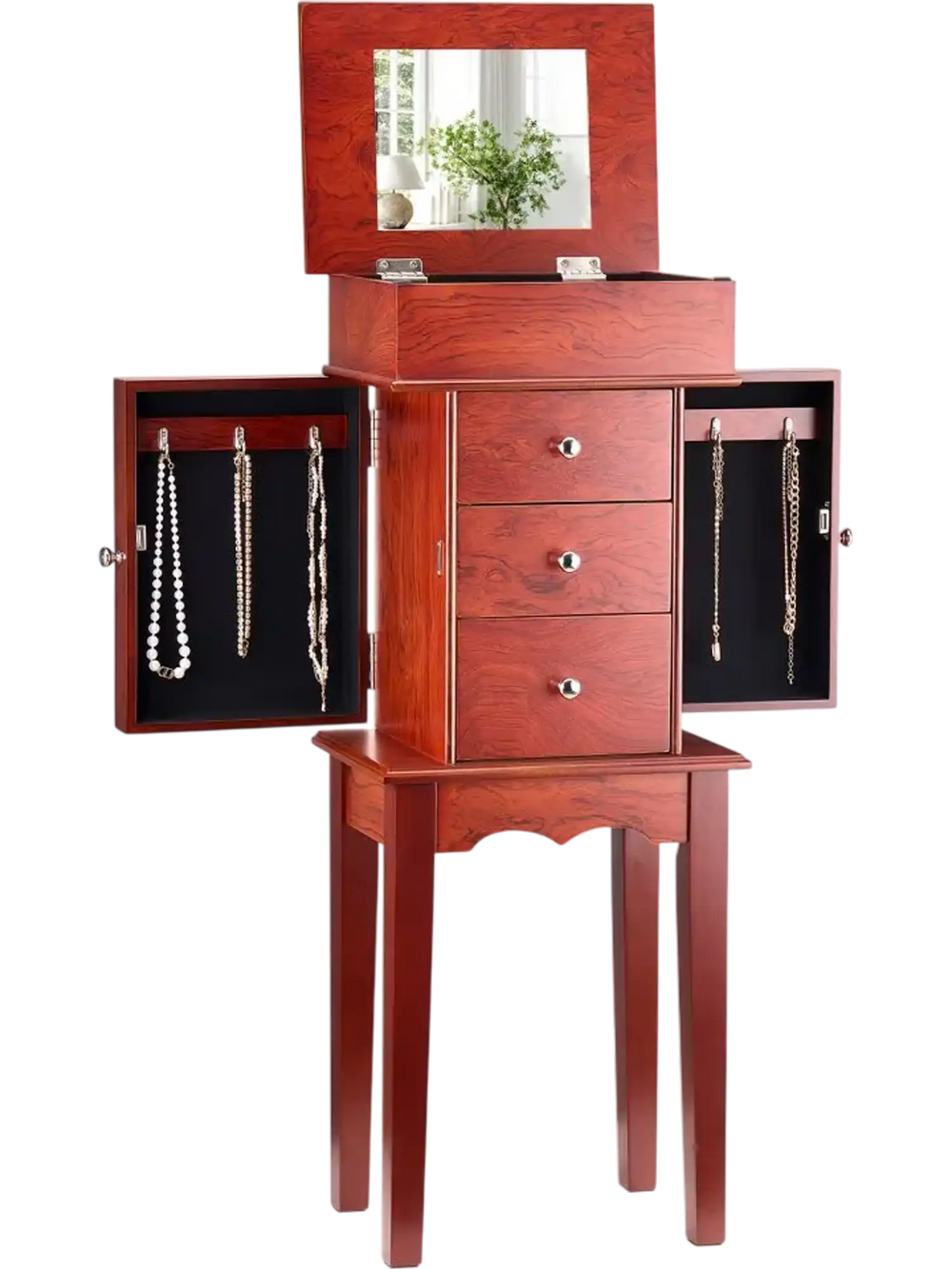 VEVOR Jewelry Cabinet Armoire, Standing Wood Jewelry Storage Chest with 3 Drawers, Flip Top Mirror, 4 Top Storage Compartments, Zinc Alloy Handles, 2 Side Doors with 6 Necklace Hooks