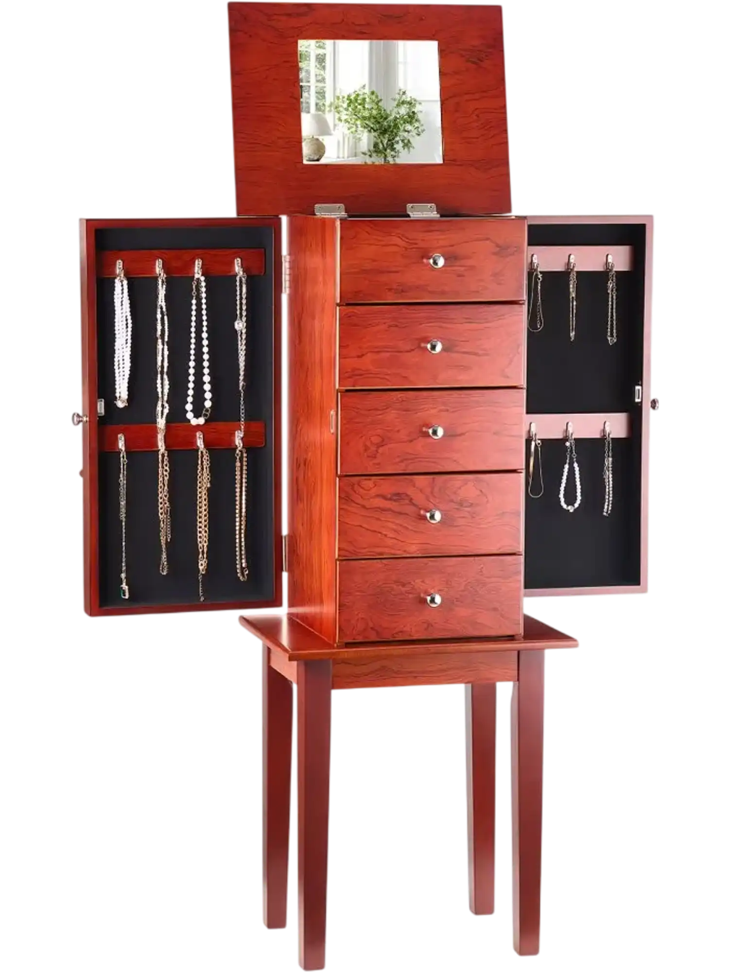 Vevor Jewelry Armoire Standing Wood Storage Chest with 4 Drawers Mirror New