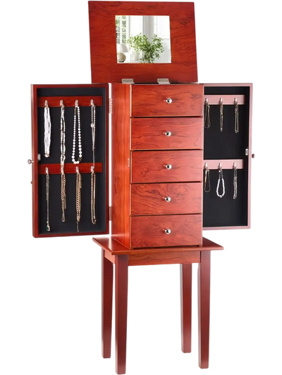 VEVOR Jewelry Cabinet Armoire, Standing Wood Jewelry Storage Chest with 4 Spacious Drawers, Flip Top Mirror, 4 Top Storage Compartments, Zinc Alloy Handles, 2 Side Doors with 16 Necklace Hooks
