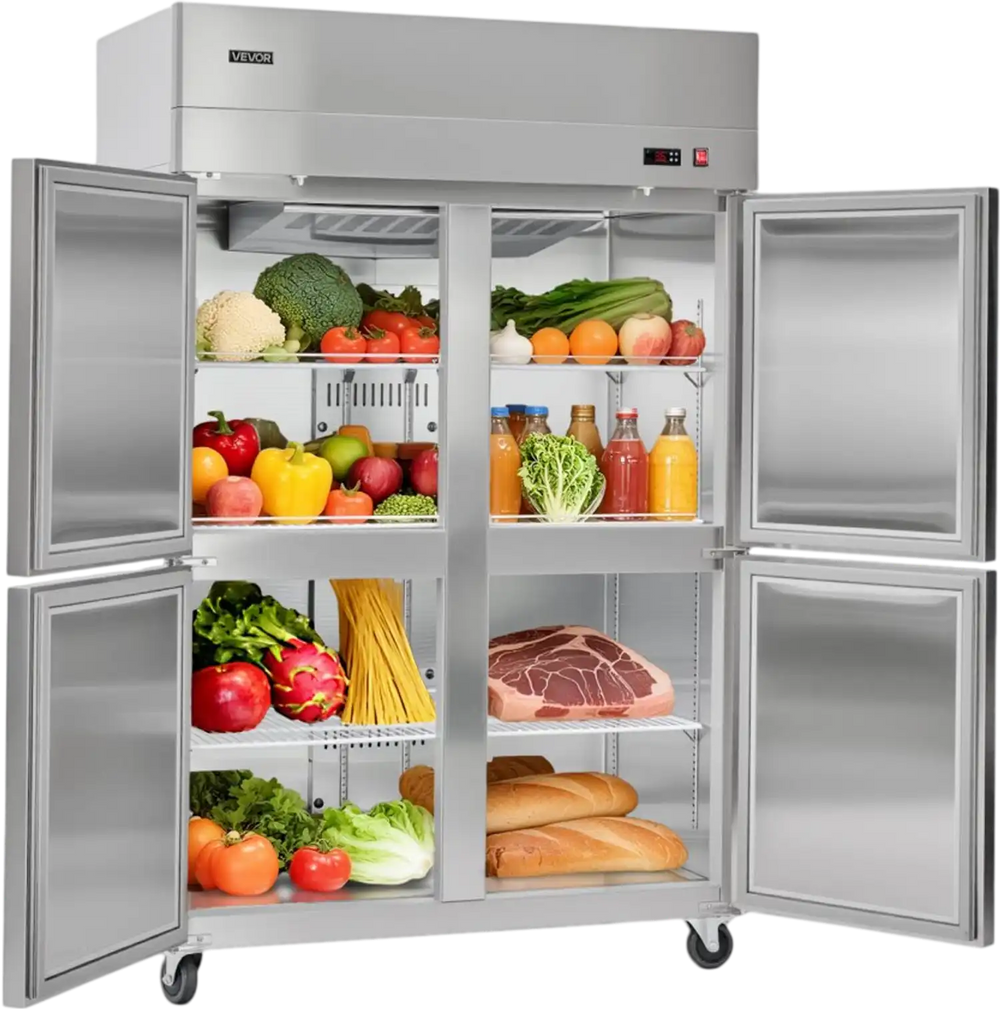 VEVOR Commercial Refrigerator, 31.89 in Width Reach In Upright Refrigeration Four Door, 31.4 Cu.ft Auto-Defrost Stainless Steel Refrigerator with 6 Adjustable Shelves, 32 to 50℉ Temp Range, 4 Wheels
