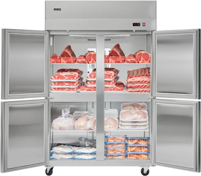 VEVOR Commercial Freezer, 31.89 in Width Reach In Upright-Freezer Four Door, 31.4 Cu.ft Auto-Defrost Stainless Steel Freezer with 6 Adjustable Shelves, -11 to 14℉ Temp Control, LED Light, 4 Wheels