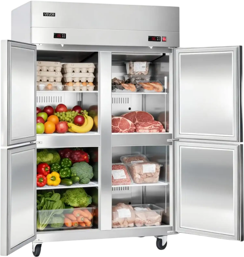 VEVOR Commercial Refrigerator and Freezer Combo 48"W, 31 Cu.Ft Stainless Steel Upright Freezer/Refrigerator with 4 Doors, Auto-Defrost, 6 Adjustable Shelves, UL Certified