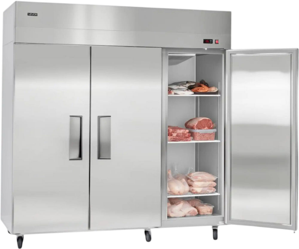 VEVOR Commercial Freezer, 71.65 in Width Reach In Upright-Freezer Three Door, 50.2 Cu.ft Auto-Defrost Stainless Steel Freezer with 12 Adjustable Shelves, -11 to 14℉ Temp Control, LED Light, 4 Wheels