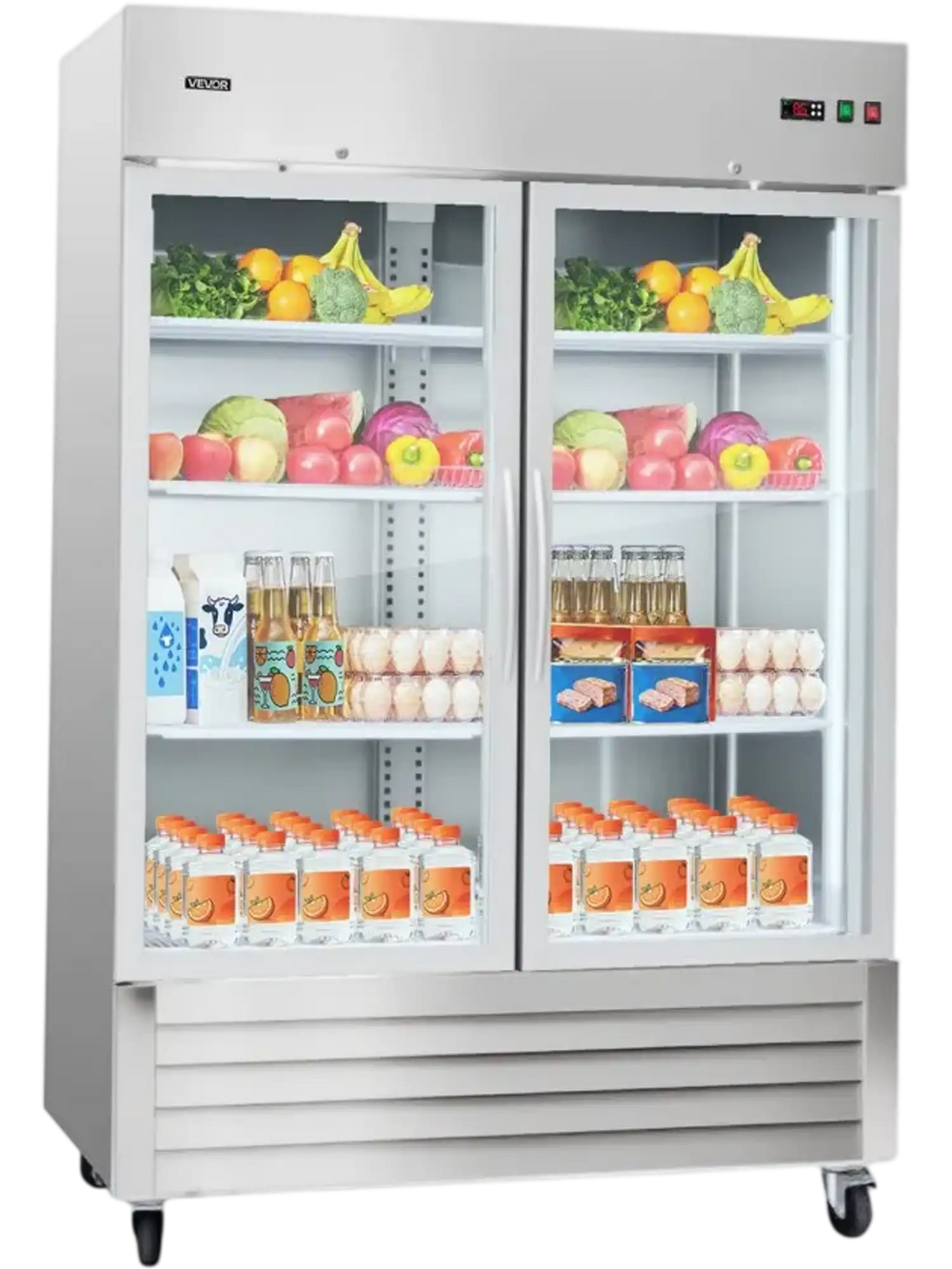 VEVOR Commercial Refrigerator, 32.2 in Width Reach In Upright Refrigeration Double Glass Door, 43.2 Cu.ft Auto-Defrost Stainless Steel Refrigerator with 8 Adjustable Shelves, 32 to 50℉ Temp Range