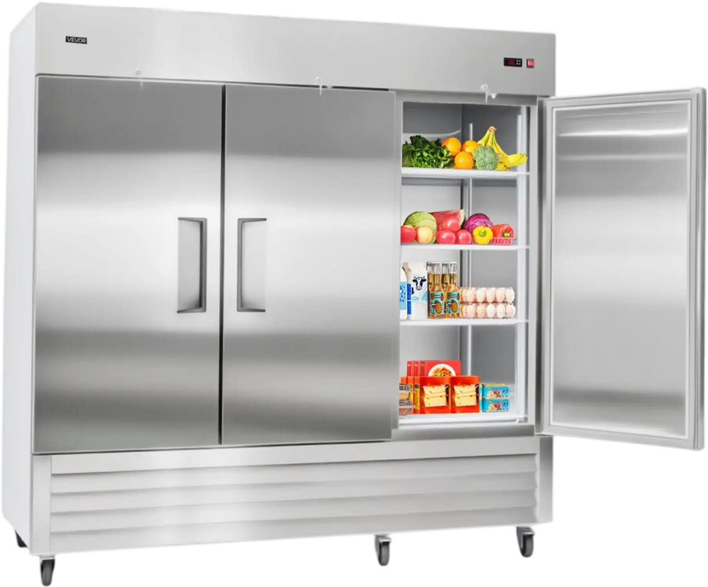 VEVOR Commercial Reach-In Refrigerator 85" W, 69 Cu.Ft Stainless Steel Upright Refrigerator with Three Doors, Auto-Defrost, 12 Adjustable Shelves, 32 to 50℉ Temp Control, ETL Certified
