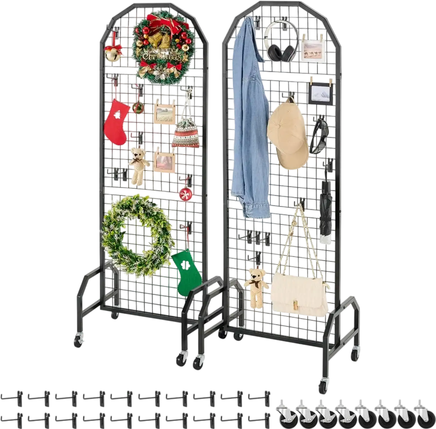 Vevor Grid Wall Panels 2-Pack 1.9' x 5.4' Wire Display Rack with Wheels & Hooks New