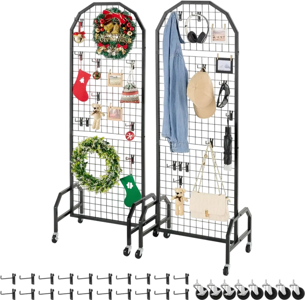 VEVOR 2 Packs Grid Wall Panels, 1.9 x 5.4 ft Wire Grid Panels Display Rack, Movable Art Display Shelf with Wheels and 20 Hooks, Black Carbon Steel Gridwall for Craft Show, Decor, Storage, Notice Board