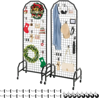 Vevor Grid Wall Panels 2-Pack 1.9' x 5.4' Wire Display Rack with Wheels & Hooks New