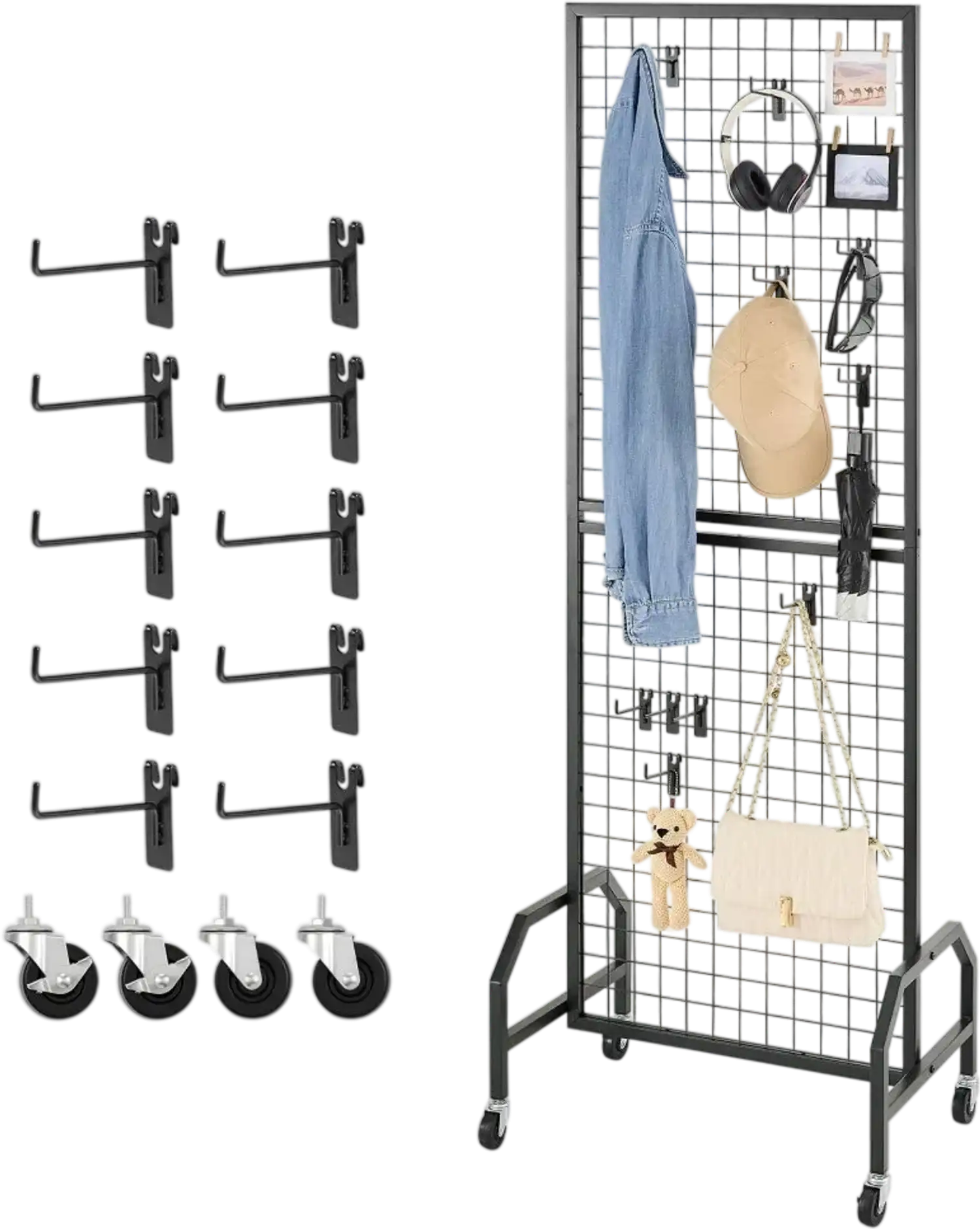 Vevor Grid Wall Panel Display Rack with Wheels and 10 Hooks New