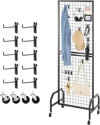 Vevor Grid Wall Panel Display Rack with Wheels and 10 Hooks New