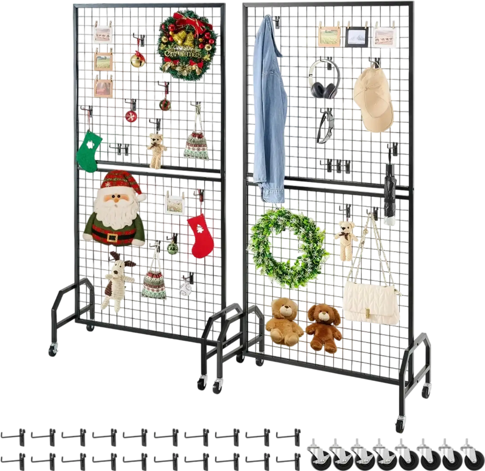 VEVOR 2 Packs Grid Wall Panels, 2.9 x 5.9 ft Wire Grid Panels Display Rack, Movable Art Display Shelf with Wheels and 10 Hooks, Black Carbon Steel Gridwall for Craft Show, Decor, Storage, Notice Board