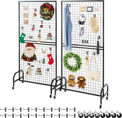 VEVOR 2 Packs Grid Wall Panels, 2.9 x 5.9 ft Wire Grid Panels Display Rack, Movable Art Display Shelf with Wheels and 10 Hooks, Black Carbon Steel Gridwall for Craft Show, Decor, Storage, Notice Board