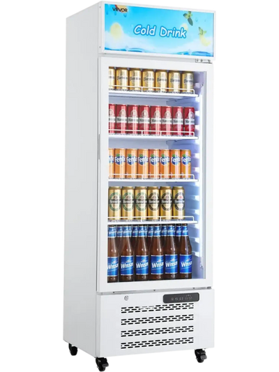 VEVOR Commercial Merchandiser Refrigerator, 9.6 Cu.Ft / 273 L Glass Door Display Refrigerator, Upright Beverage Cooler with Customizable Lightbox, 4 Adjustable Shelves & Soft LED Light for Homes Shops