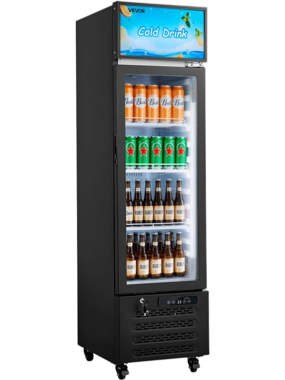 VEVOR Commercial Merchandiser Refrigerator, 6.1 Cu.Ft / 173 L Glass Door Display Refrigerator, Upright Beverage Cooler with Customizable Lightbox, 3 Adjustable Shelves & Soft LED Light for Homes Shops