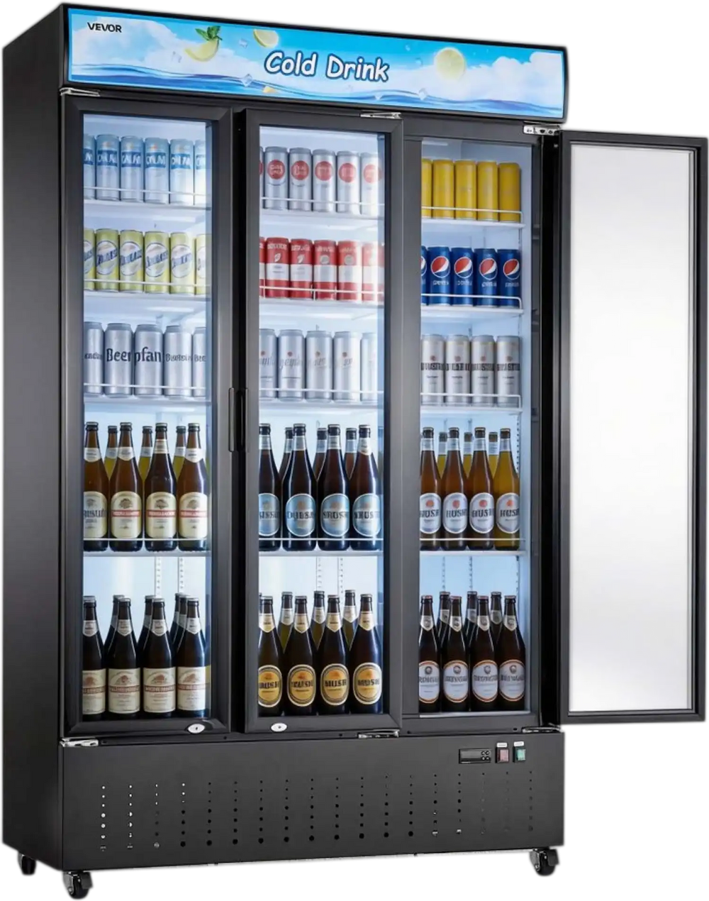 VEVOR Commercial Merchandiser Refrigerator, 26.8 Cu.Ft / 760L Upright Beverage Cooler, 3 Glass Door Display Refrigerator with Customizable Lightbox, 12 Adjustable Shelves, Soft LED Lighting & Casters