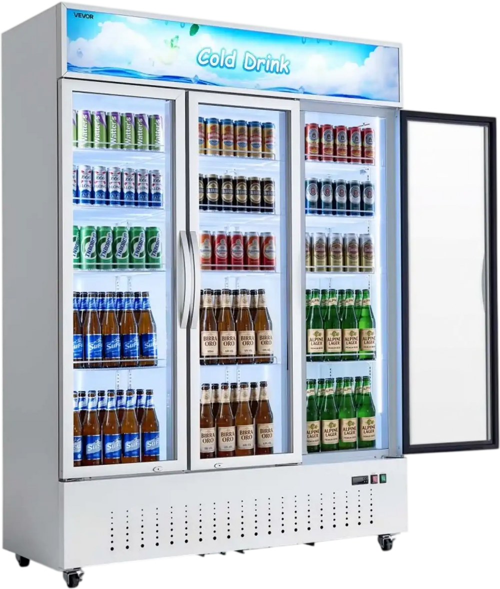 VEVOR Commercial Merchandiser Refrigerator, 36.4 Cu.Ft / 1030L Upright Beverage Cooler, 3 Glass Door Display Refrigerator with Customizable Lightbox, 12 Adjustable Shelves, Soft LED Lighting & Casters