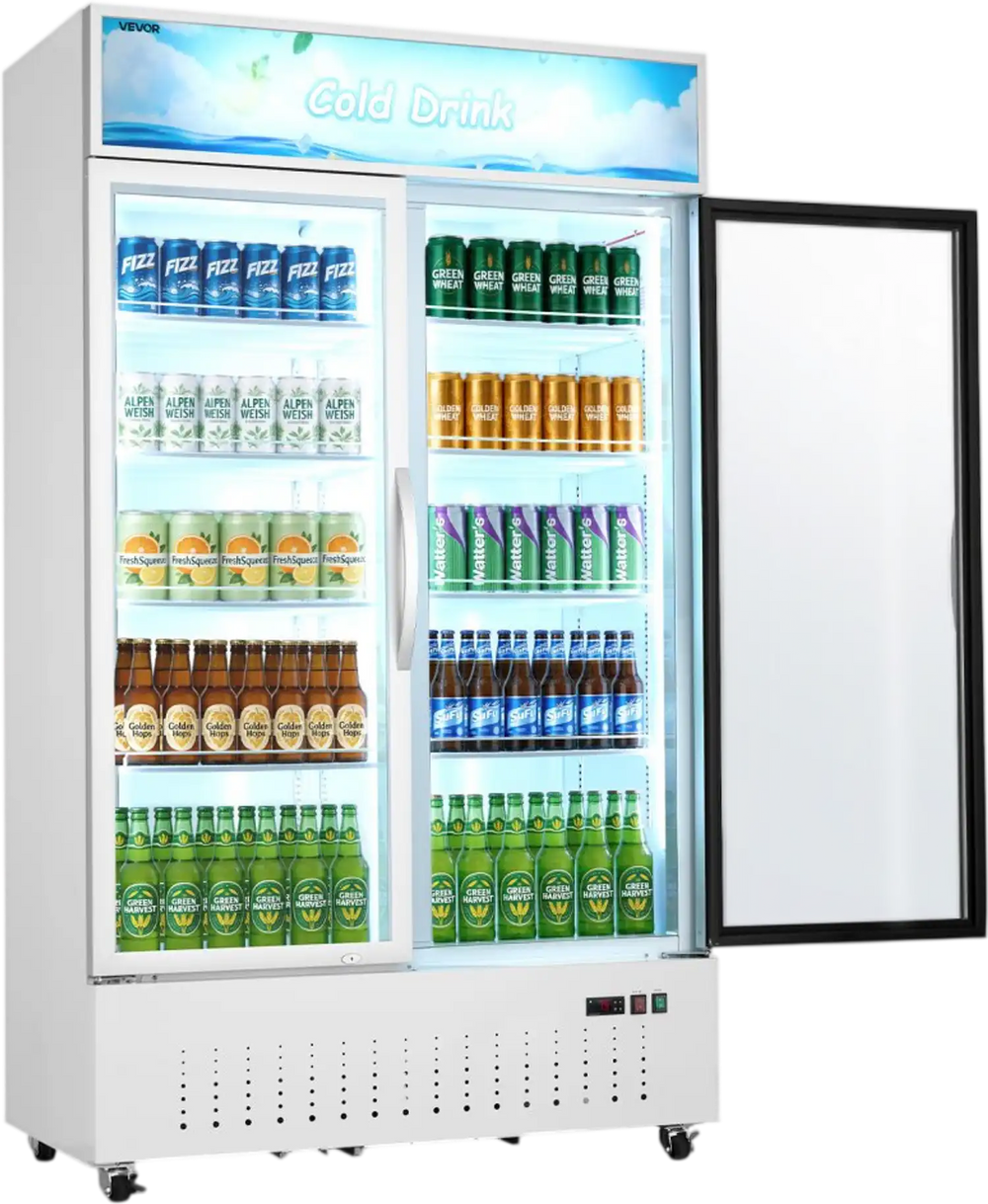 VEVOR Commercial Merchandiser Refrigerator, 35.3 Cu.Ft / 1000L Upright Beverage Cooler, 2 Glass Door Display Refrigerator with Customizable Lightbox, 8 Adjustable Shelves, Soft LED Lighting & Casters