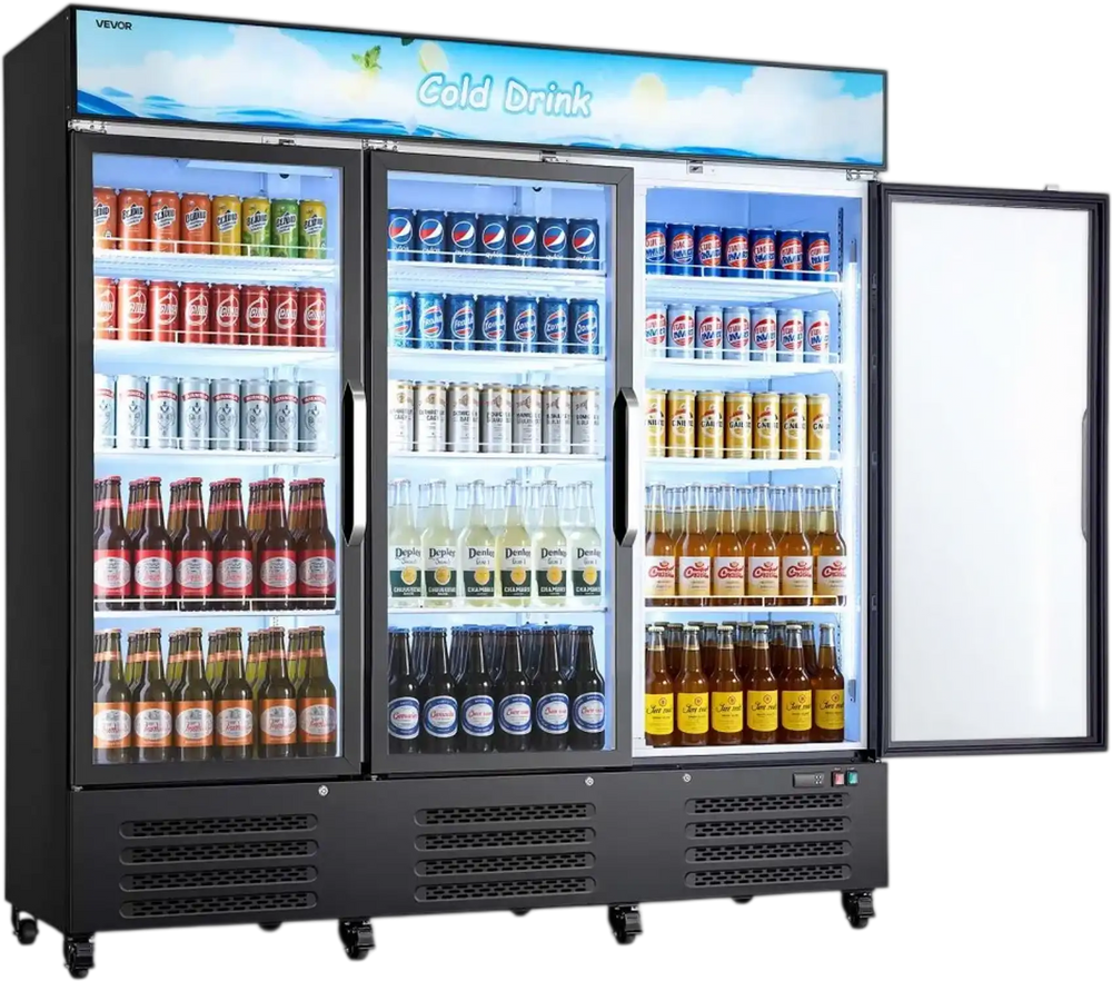 VEVOR Commercial Merchandiser Refrigerator, 54.3 Cu.Ft / 1538L Upright Beverage Cooler, 3 Glass Door Display Refrigerator with Customizable Lightbox, 12 Adjustable Shelves, Soft LED Lighting & Casters