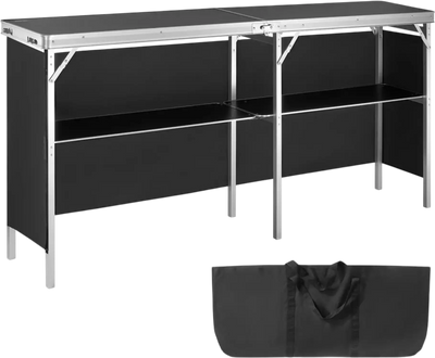 VEVOR Extra Long Folding Portable Bar Table - Tradeshow Podium Table for Indoor, Outdoor, Party, Picnic, Exhibition, Includes Carrying Case, Storage Shelf and  Black Skirt, 77.95