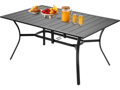 VEVOR Outdoor Patio Dining Table, 59 inch Long Rectangular Metal Steel Slat Backyard Bistro Tables for 4-6, with 1.5 in Umbrella Hole, All-Weather Large Furniture for Lawn Garden Porch, Black