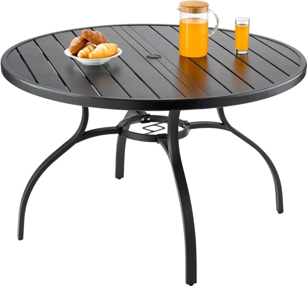 VEVOR Outdoor Patio Dining Table, 47 inch Round Metal Steel Slat Backyard Bistro Tables, with 1.5 in Umbrella Hole, Outside All-Weather Large Furniture for Lawn Garden Porch, Black