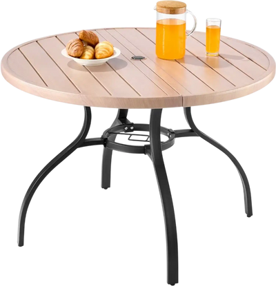 VEVOR Outdoor Patio Dining Table, 41 inch Round Wood-Like Steel Slat Backyard Bistro Coffee Tables for 4, with 1.5 in Umbrella Hole, Outside All-Weather Large Furniture for Lawn Garden Porch, Gray