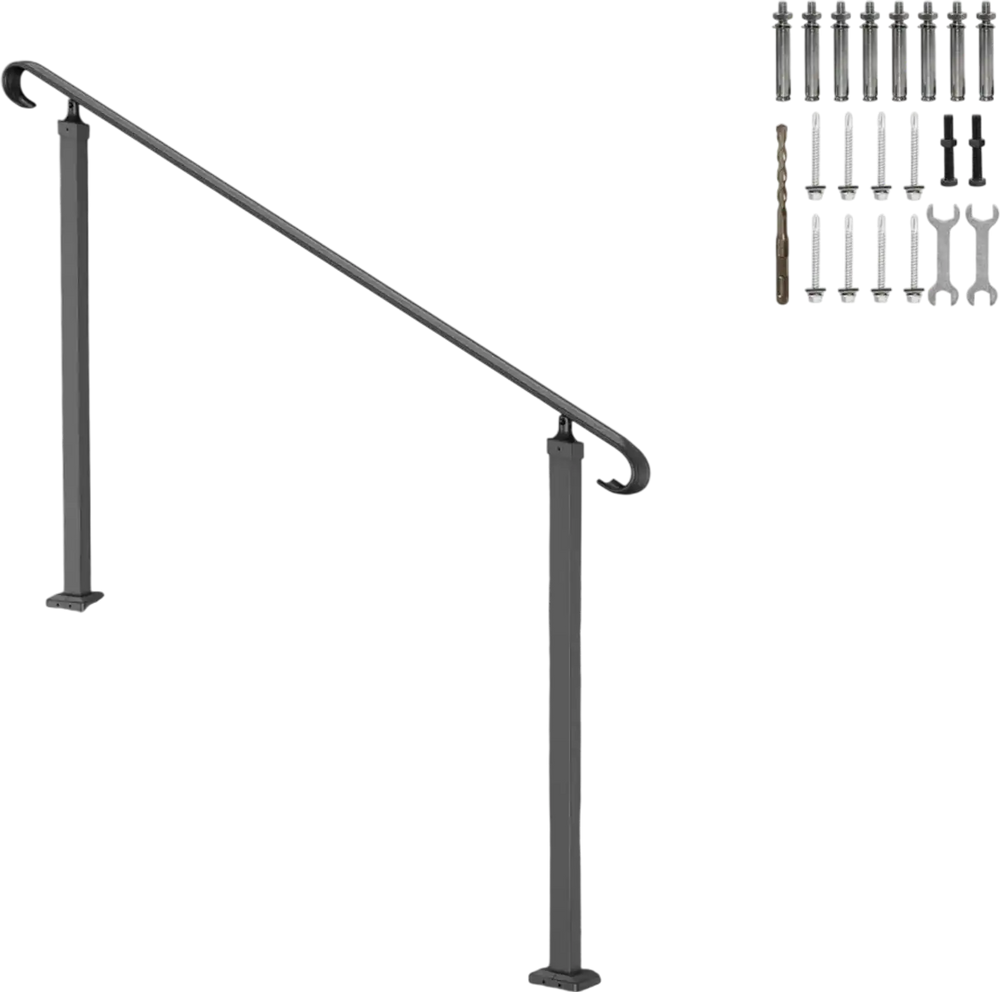 VEVOR Handrails for Outdoor Steps, Fit 3-5 Steps Outdoor Stair Railing, Wrought Iron Handrail, Flexible Front Porch Hand Rail, Black Transitional Hand railings for Concrete Steps or Wooden Stairs