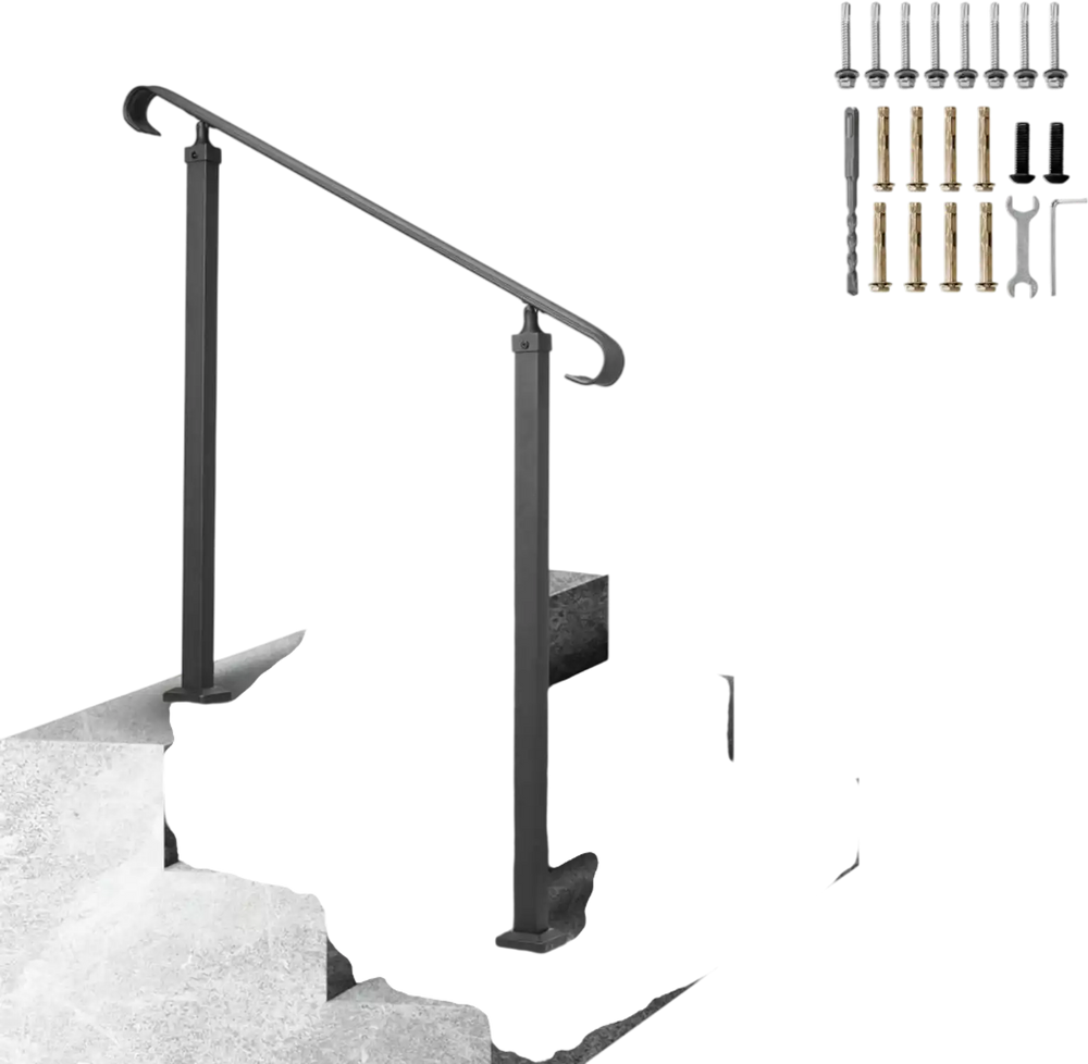 VEVOR Handrails for Outdoor Steps, Fit 1-3 Steps Outdoor Stair Railing, Wrought Iron Handrail, Adjustable Front Porch Hand Rail, Black Transitional Hand railings for Concrete Steps or Wooden Stairs