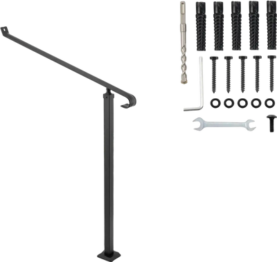VEVOR Handrails for Outdoor Steps 1-2 Step Railings Wrought Iron Handrail Stair Railings for Steps Black Iron Railings for Steps Wall and Floor Mounted with Installation Kit
