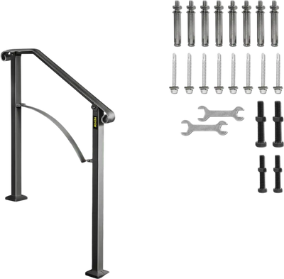 VEVOR Handrails for Outdoor Steps, Fit 2 or 3 Steps Outdoor Stair Railing, Arch#2 Wrought Iron Handrail, Flexible Porch Railing, Black Transitional Handrails for Concrete Steps or Wooden Stairs