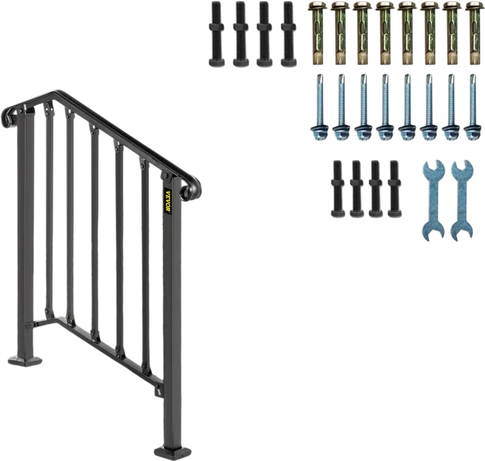 VEVOR Handrails for Outdoor Steps, Fit 2 or 3 Steps Outdoor Stair Railing, Picket#2 Wrought Iron Handrail, Flexible Porch Railing, Black Transitional Handrails for Concrete Steps or Wooden Stairs