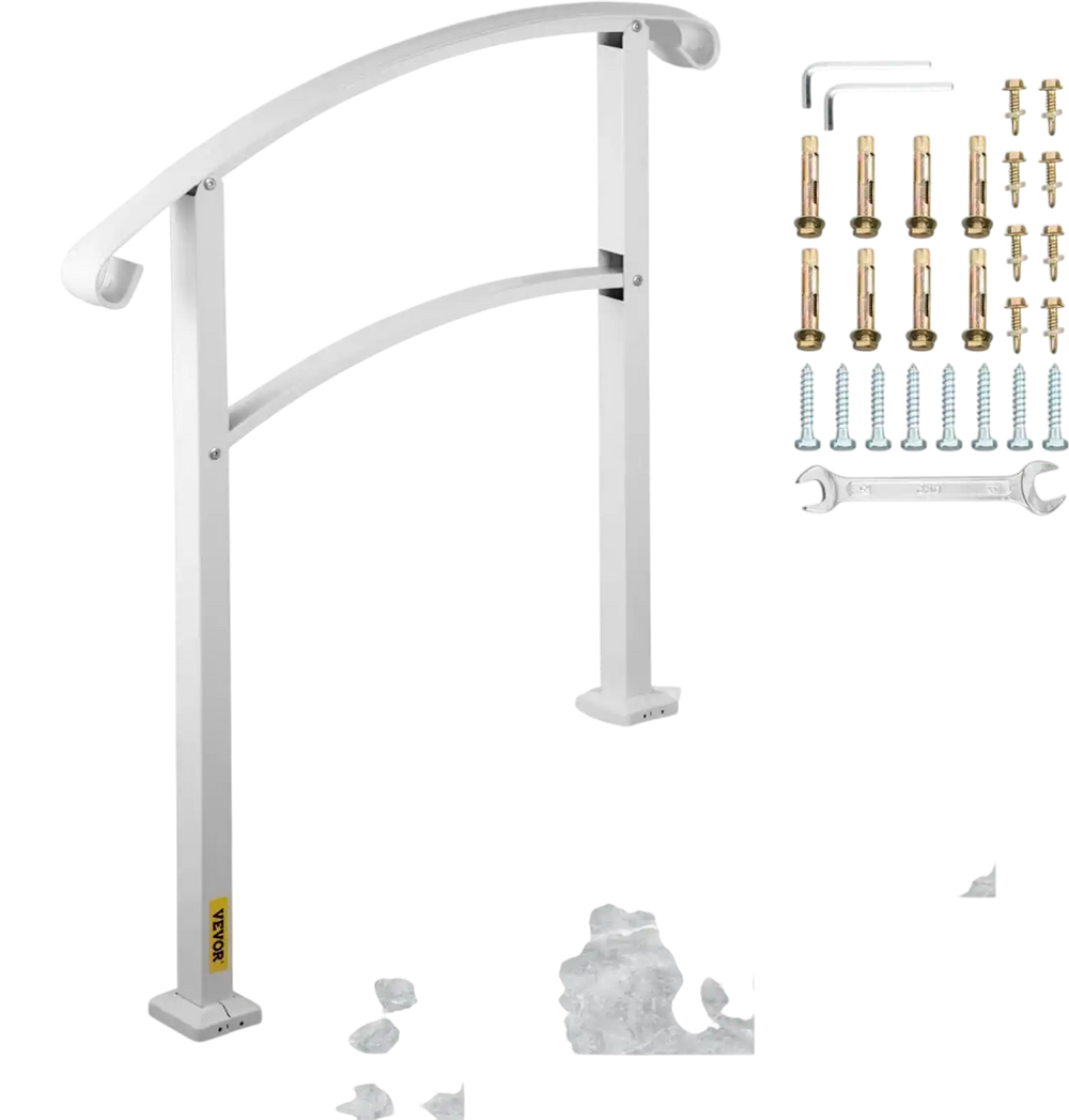 VEVOR 3-Step Handrails for Outdoor Steps Fits 1 or 3 Steps Matte White Stair Rail Wrought Iron Handrail with Installation Kit Hand Rails for Outdoor Step