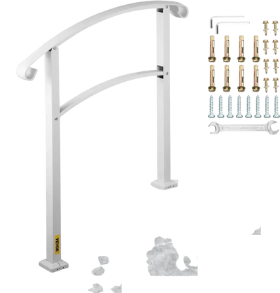 VEVOR 3-Step Handrails for Outdoor Steps Fits 1 or 3 Steps Matte White Stair Rail Wrought Iron Handrail with Installation Kit Hand Rails for Outdoor Step