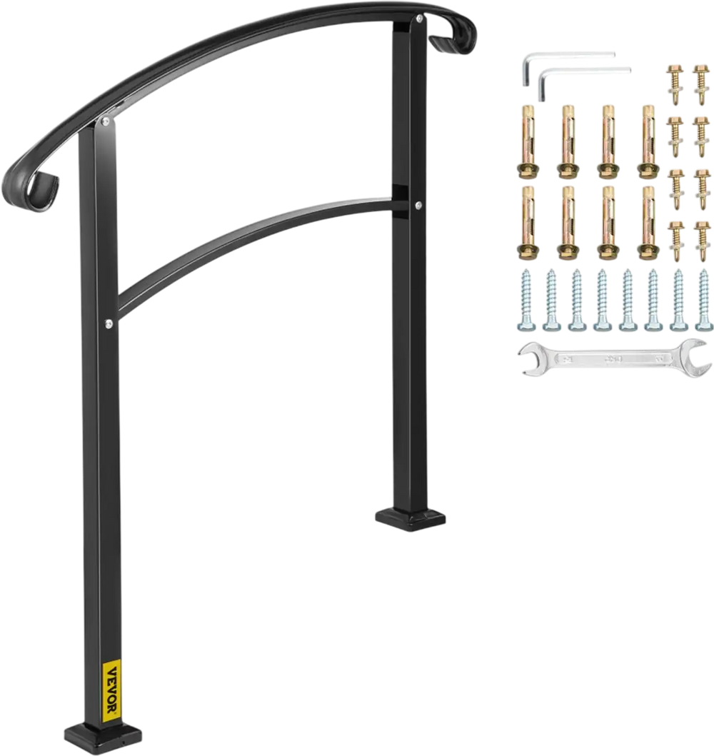 VEVOR 3-Step Transitional Handrail Fits 1 or 3 Steps Matte Stair Rail Wrought Iron Handrail with Installation Kit Hand Rails for Outdoor Steps (Unadjustable) (Black)
