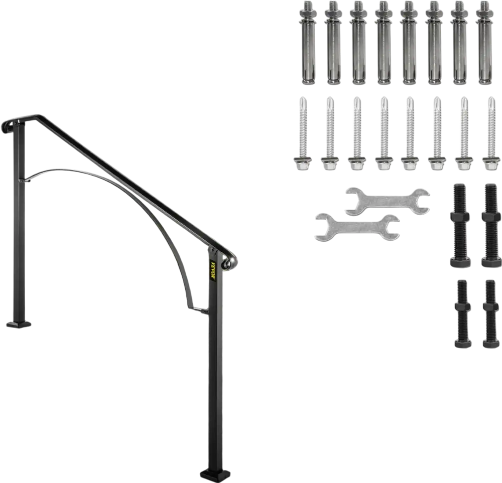 VEVOR Handrails for Outdoor Steps, Fit 3 or 4 Steps Outdoor Stair Railing, Arch#3 Wrought Iron Handrail, Flexible Porch Railing, Black Transitional Handrails for Concrete Steps or Wooden Stairs