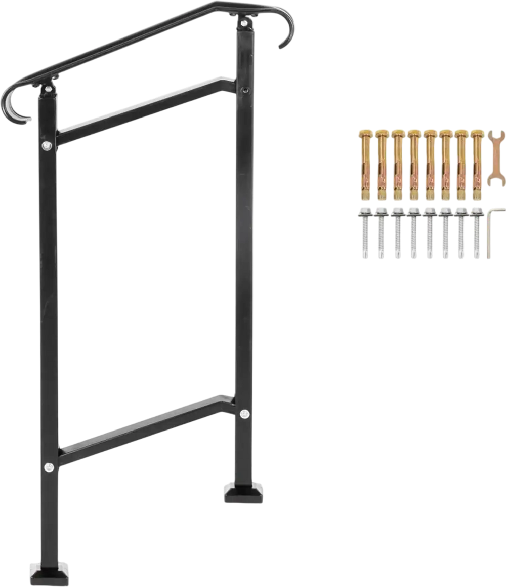 VEVOR Outdoor Stair Railing, Fit 1 or 2 Steps Wrought Iron Handrail, Adjustable Front Porch Hand Railings, Black Transitional Hand Rail for Concrete Steps or Wooden Stairs with Installation Kit
