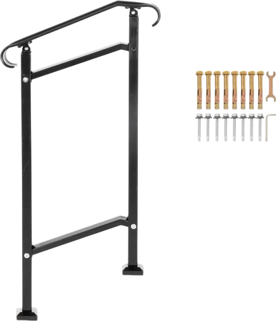 VEVOR Outdoor Stair Railing, Fit 1 or 2 Steps Wrought Iron Handrail, Adjustable Front Porch Hand Railings, Black Transitional Hand Rail for Concrete Steps or Wooden Stairs with Installation Kit