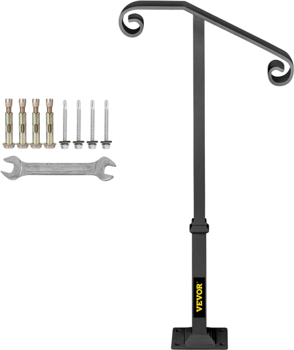 VEVOR Handrails for Outdoor Steps, Fit 1 or 2 Steps Outdoor Stair Railing, Single Post Wrought Iron Handrail, Gray Transitional Porch Railings for Concrete Steps or Wooden Stairs with Base