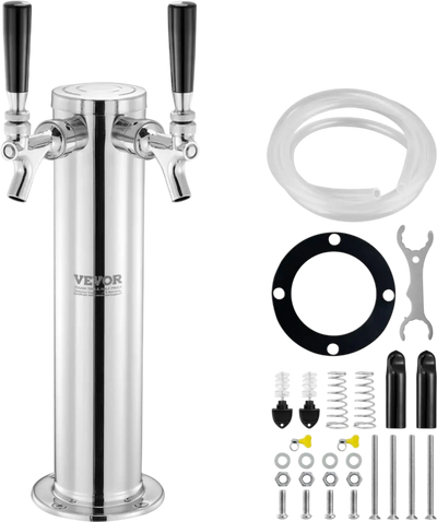VEVOR Dual Taps Draft Beer Tower Dispenser, Stainless Steel Keg Beer Tower, Kegerator Tower Kit with Pre-Assembled Tubing and Self-Closing Faucet Shanks for Party, Bar, Pub, Restaurant