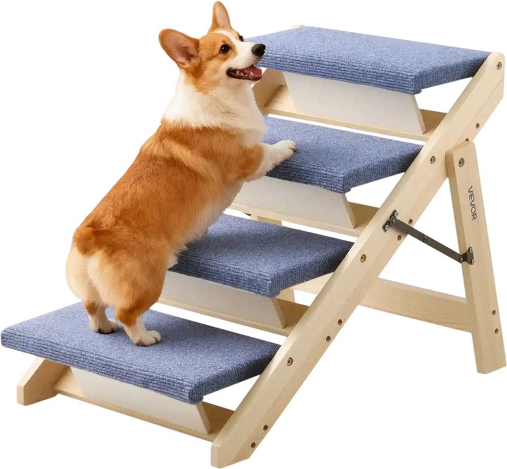 VEVOR Wood Pet Stairs, 4-Step Dog Stairs for Beds, Sofa & Cars, 150lbs Load Capacity, Floded Flat Design, Stable & Sturdy Cat & Dog Step Ladder for Small Medium Large Older Pet Puppy Essentials