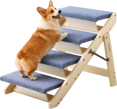 VEVOR Wood Pet Stairs, 4-Step Dog Stairs for Beds, Sofa & Cars, 150lbs Load Capacity, Floded Flat Design, Stable & Sturdy Cat & Dog Step Ladder for Small Medium Large Older Pet Puppy Essentials