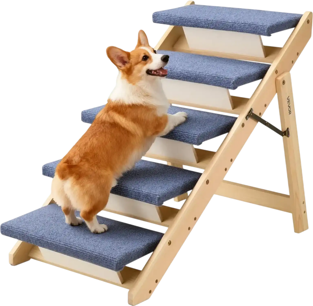 VEVOR Wood Pet Stairs, 5-Step Dog Stairs for Beds, Sofa & Cars, 150lbs Load Capacity, Floded Flat Design, Stable & Sturdy Cat & Dog Step Ladder for Small Medium Large Older Pet Puppy Essentials