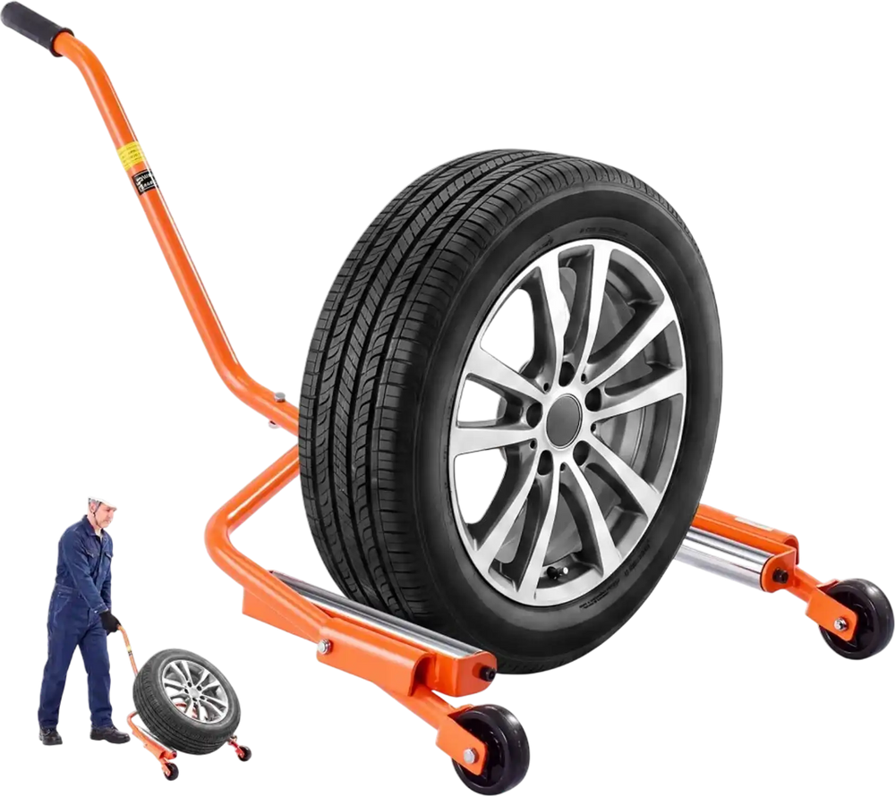 VEVOR Tire Wheel Dolly, 450LBS Heavy Duty Steel Truck Car Tire Dolly, Fits 35–47 in Tires, 360° Rotating Rollers, Extended Labor-Saving Handle, Smooth-Rolling Tire Lifter for Workshops & Home Garages