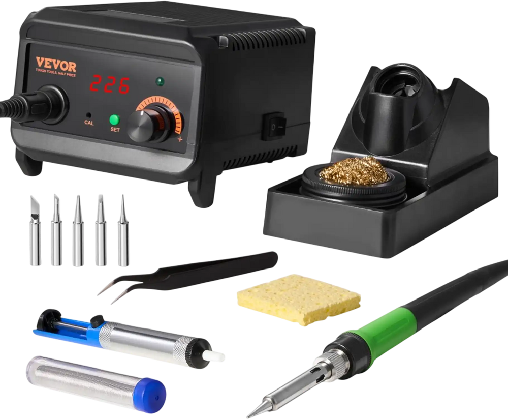 VEVOR Soldering Iron Station, 75W Digital Display Soldering Station Kit, 122°F- 932°F Temp Control & Built-in Transformer, Auto Standby & Sleep Mode, with 5 Soldering Tips, 10g Solder Wire, Tweezers