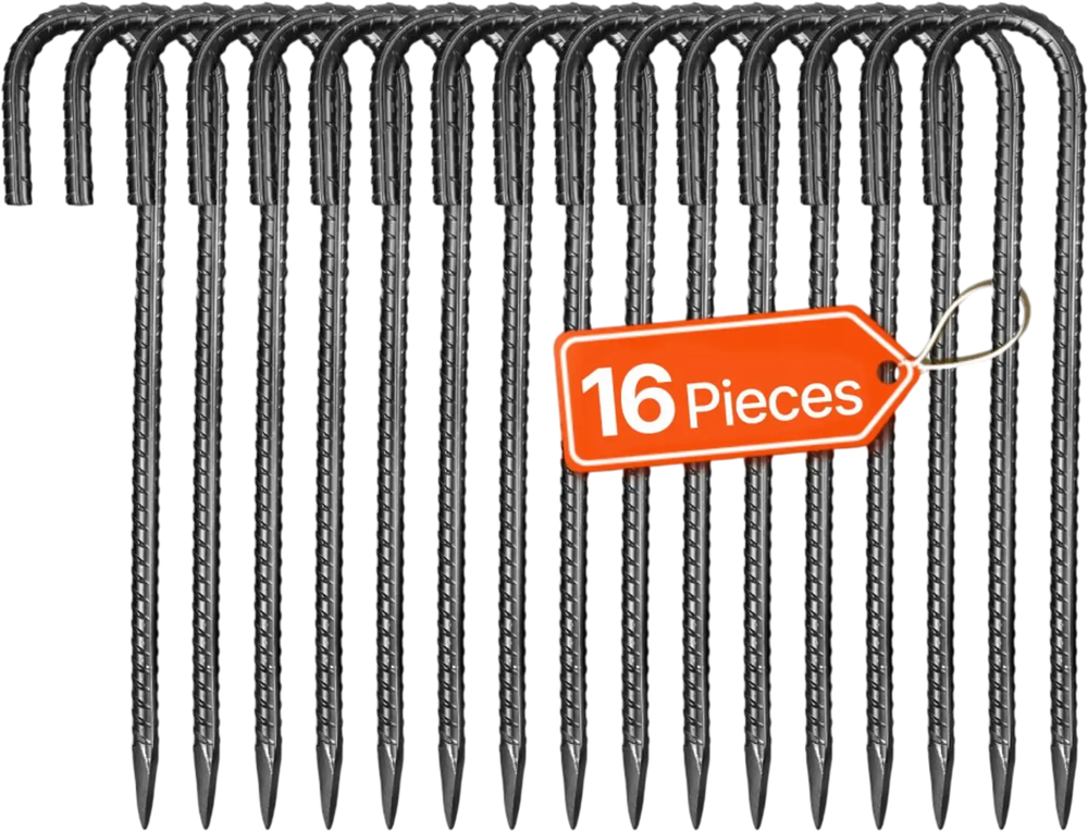 VEVOR Rebar Stakes, 12-Inch, Heavy-Duty 0.4 in Diameter J Hook, Galvanized Steel Ground Anchors with Chisel Point End & Rust-Resistant Coating, for Gardening Support, Fence, Camping Tents (16-Pack)
